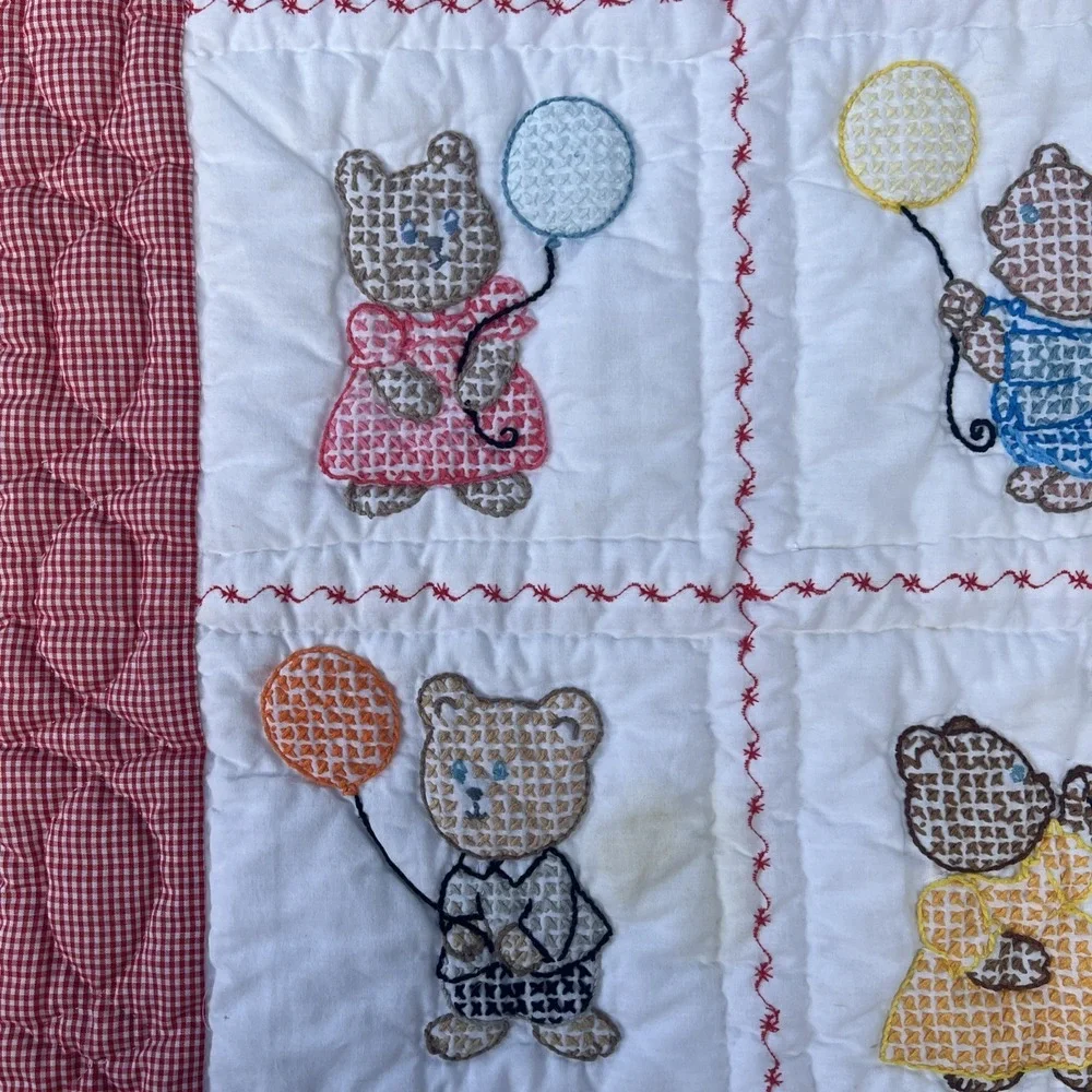 VTG 1970s Handmade Cross Stitch Teddy Bear Red Gingham Baby Crib Quilt 31x39